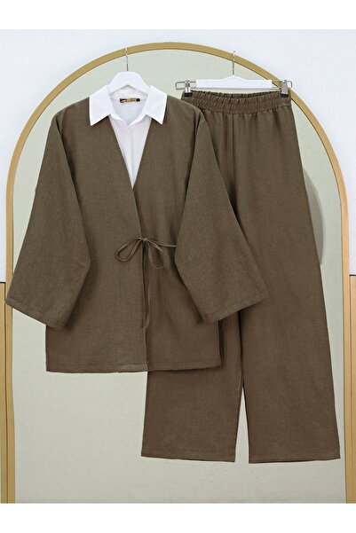 Modamorfo Set kimono cu pantaloni cu cravată în față - culoare maro