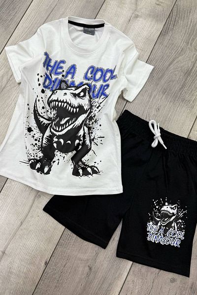 eQru Store Dinosaur Print White T-Shirt and Black Shorts Summer Kids Set