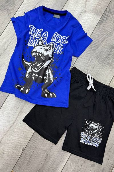 eQru Store Set de vară pentru copii cu tricou albastru cu imprimeu dinozaur și pantaloni scurți negri
