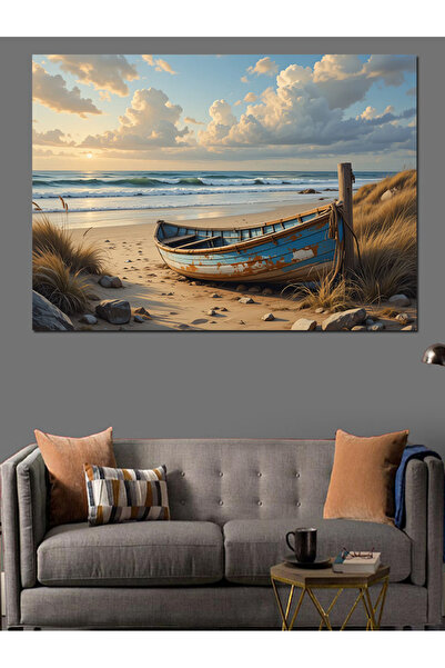ekart Kumsalda Terk Edilmiş Kayık Dekoratif Kanvas - Mdf Ahşap Tablo