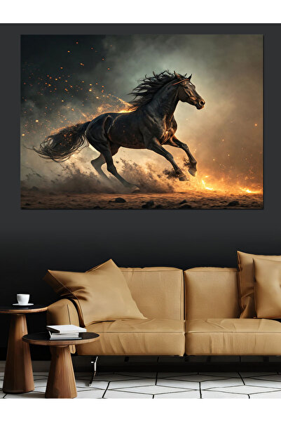 ekart Koşan Siyah Güçlü At Dekoratif Kanvas - Mdf Ahşap Tablo