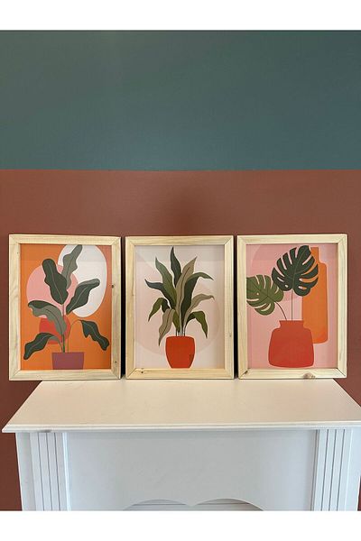 NT Handmade Natural Wood Framed 3Pcs Colorful Leaves Painting Set Wall Decor for Living Room Bedroom Kitchen