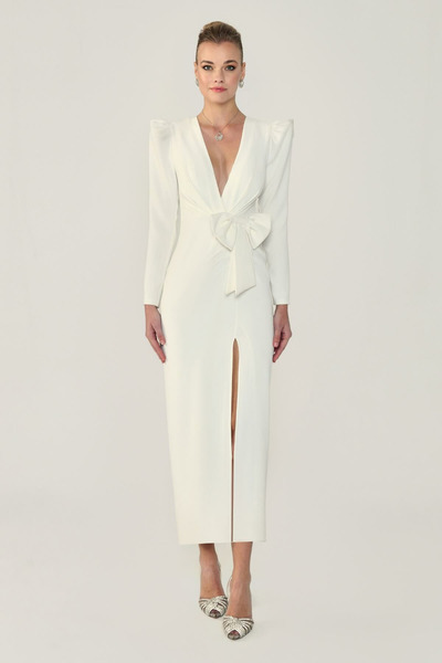 ALFABETA V Yaka Uzun Kollu Yırtmaçlı Uzun Abiye Elbise Alfabeta