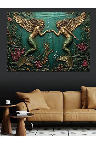 KanvasSepeti Pictură în ulei cu relief de sirenă și corali, texturată, de îna...