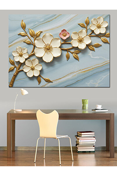 KanvasSepeti Χρυσά λουλούδια σε μαρμάρινο πάτωμα Ελαιογραφία με υφή Υψηλής πο...