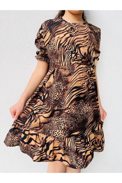 MODA Girl's Leopard Patterned Brown Dress
