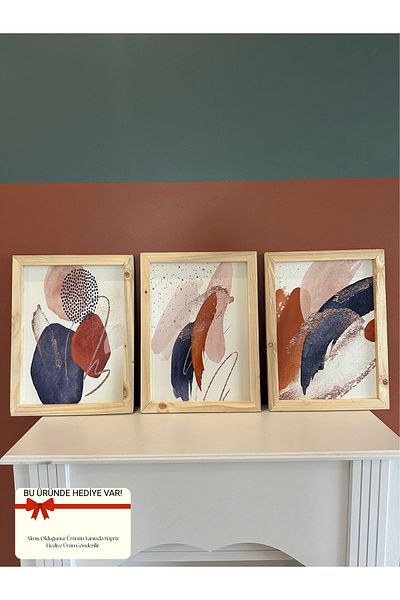 NT Handmade Set de 3 decorațiuni abstracte cu cadru din lemn natural, decor de perete pentru sufragerie, dormitor, bucătărie