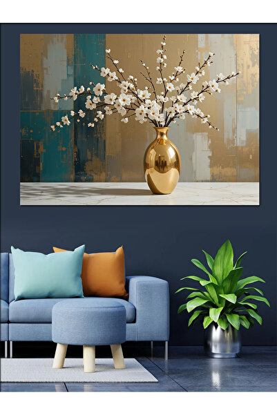 ekart Altın Vazo Beyaz Çiçek Dekoratif Kanvas - Mdf Ahşap Tablo