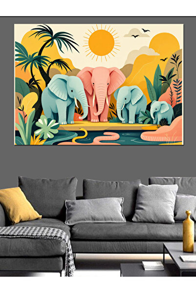 KanvasSepeti Επίκεντρος του θέματος ο ελέφαντας Απλό σχέδιο Ελαιογραφία με υφ...