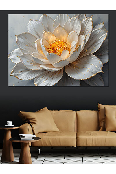 ekart Altın Detaylı Beyaz Lotus Dekoratif Kanvas - Mdf Ahşap Tablo