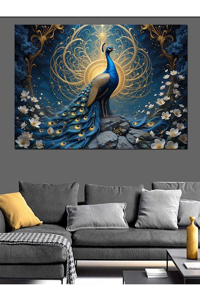 ekart Διακοσμητικός καμβάς Golden Blue Peacock - Ξύλινος πίνακας MDF