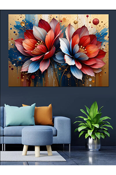 KanvasSepeti Flori de lotus roșii și albastre Pictură în ulei Texturată Pânză...