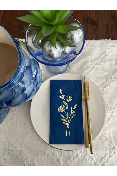 kidspartim Gold Yaldızlı Lacivert Gelincik Çiçeği Baskılı Garson Katlama Peçete 16 lı