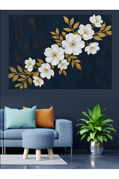 KanvasSepeti Flori albe pe fundal albastru închis, pictură în ulei, texturată...