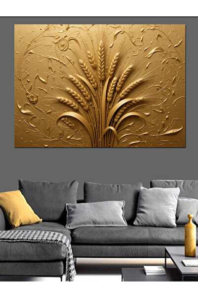 ekart Altın Kabartmalı Buğday Deseni Dekoratif Kanvas - Mdf Ahşap Tablo