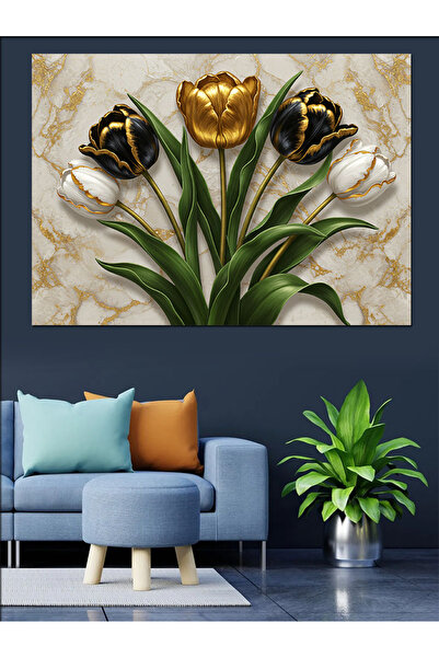 ekart Altın Siyah Lale Çiçekleri Dekoratif Kanvas - Mdf Ahşap Tablo