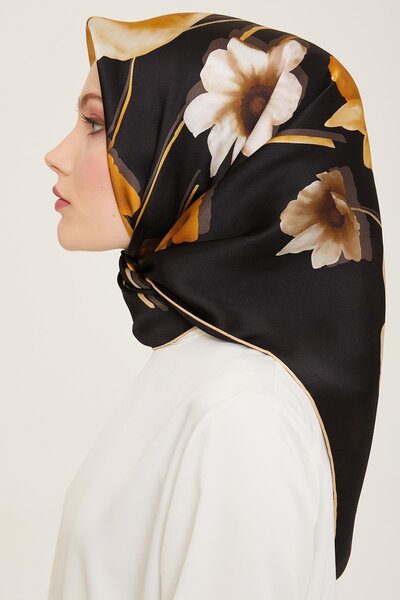 Armine İpek Eşarp 2024 Yaz - 9105-36 Siyah Sarı Sura