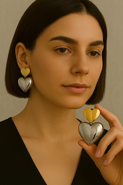 Kutcha Accessories Altın Ve Gümüş Çift Renkli Işıltılı Kalp Küpe