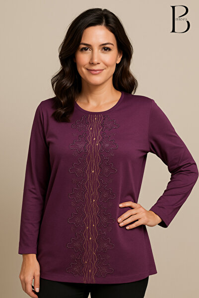 BURSPA Bluză din bumbac pieptănat pentru femei, cu tăietură relaxată, brodata...