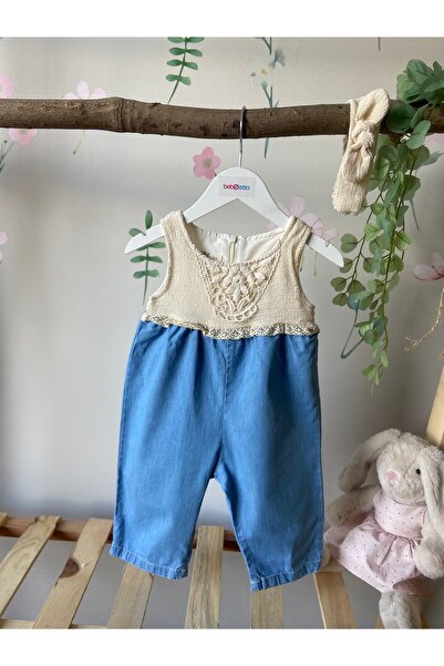 Butik Kız Bebek Roba Detay Saç Bantlı Kot Tulum
