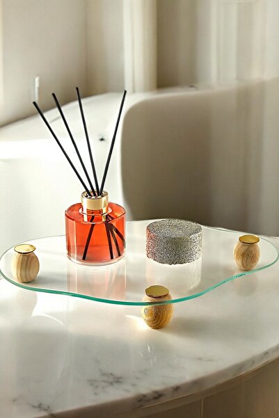 Mirilliahome Wooden Ball Footed Cloud Glass Tray – 32X23 cm Decorative Makeup and Jewelry Stand