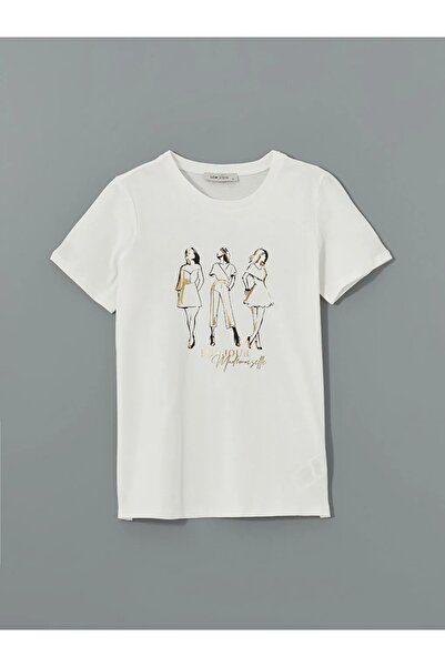 LC Waikiki Lcw Vision Ecru Crew Neck Printed Women's T-Shirt