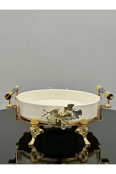 PARILTI HOME COLLECTİON Butterfly Round Oven Porcelain Presentation Plate with Gold Bud Foot Detail & Special Laser Cutting