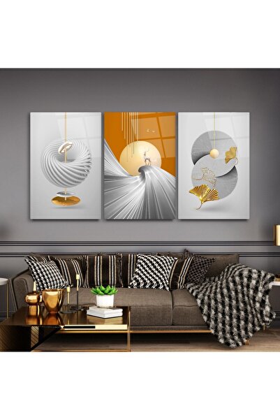 TAULART 3 LÜ GEOMETRİK DESENLİ SOYUT CAM TABLO SETİ SALON TABLOSU EV HEDİYESİ...