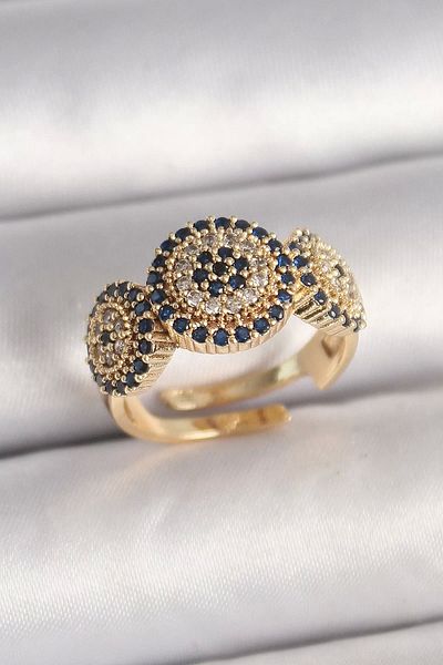 Clariss Brass Gold Color Zircon Stone Evil Eye Bead Model Adjustable Model Women's Ring