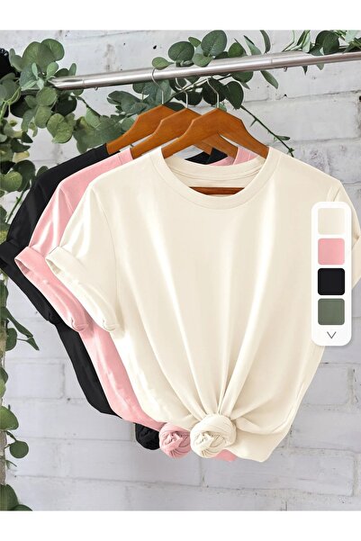 LOTS MODA Σετ 3 γυναικείων μπλουζών - Μονόχρωμα, κοντομάνικα, με στρογγυλή λα...