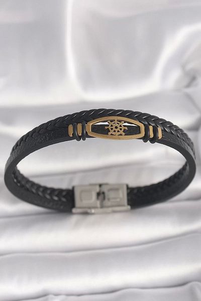 Clariss 316L Steel Gold Color Ship Rudder Black Double Row Augers Leather Cord Men's Bracelet