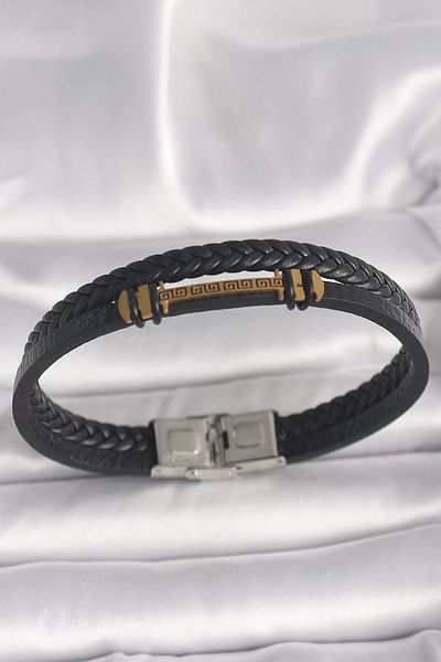Clariss 316L Steel Gold Color Zigzag Embroidered Double Row Twist Patterned Leather Cord Men's Bracelet with Accessories