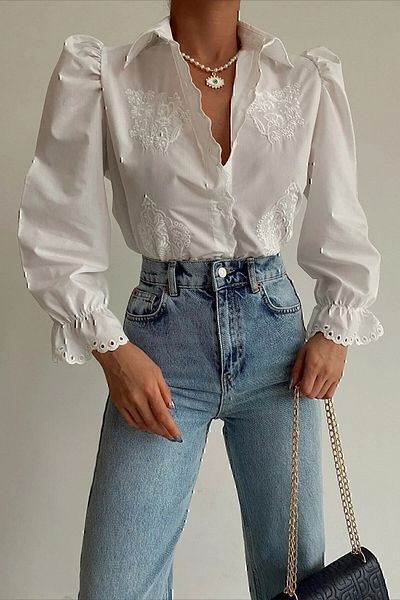 VAGGON Women's White Princess Sleeve Guipure Embroidered Woven Shirt Prmx7829-1