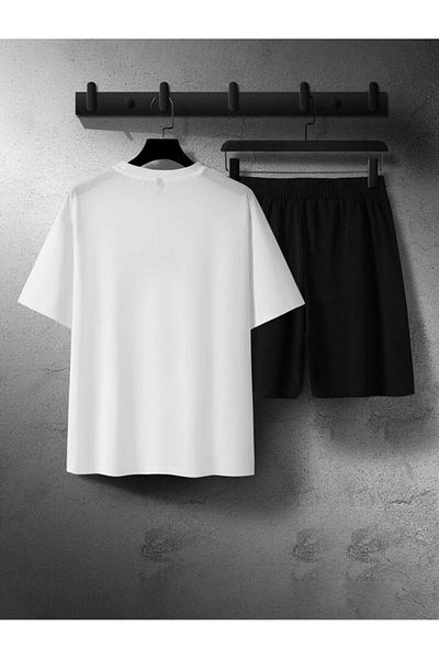 LA VESTİTİ Unisex White Los Angeles Printed Oversize T-Shirt-Black Shorts Summer