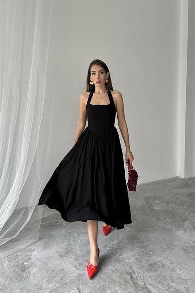 JANES Μαύρο λινό φόρεμα Halter