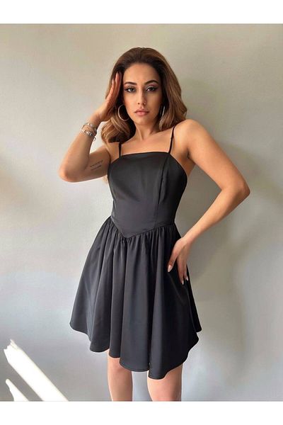 Fav Style Women's Mini Satin Dress Black Strap Waist Detail