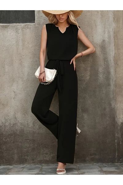 JANES Women's Sleeveless V-Neck Aerobin Blouse and Belted Waist Trousers Set of Two