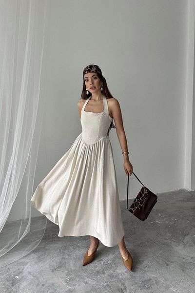 Modayakamoz Μπεζ λινό φόρεμα Halter