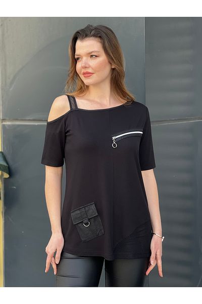 citycenterfashion Women's Plus Size One Shoulder Blouse with Leather Pocket Zipper