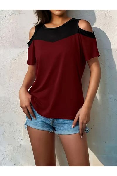 REKA MODA Women's Short Sleeve Off-The-Shoulder Detailed Double Color Viscose Blouse