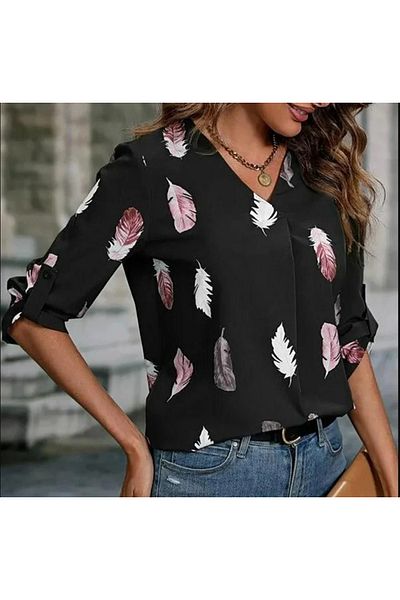 REKA MODA Women's Leaf Print Adjustable Three Quarter Sleeve Super Soft Blouse