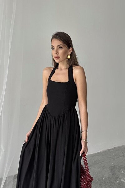 Genel Markalar eyesof Siyah Boyundan Bağlamalı Keten Elbise