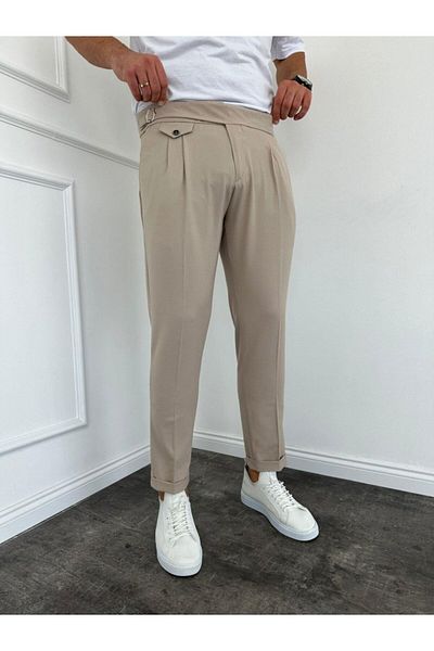 COTTONLAB Men's Waist Buckle Detailed Pleated Old Money Trousers
