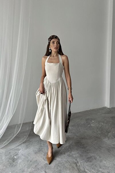 MODA Eyesof Beige Halter Neck Linen Dress