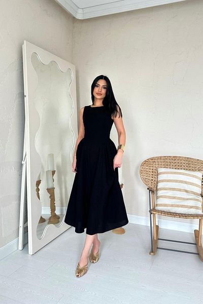 MRA Fashion Black Midi Length Linen Dress with Shirred Sides