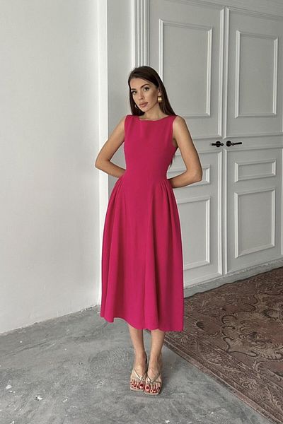 modaserdem Fuchsia Midi Length Linen Dress with Shirred Sides