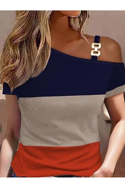 MODAVERA Women's Short Sleeve One Shoulder Open Buckle Detailed Multi Color Viscose Blouse
