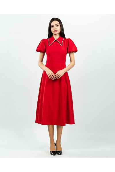 maf collection Γυναικείο βραδινό φόρεμα με κόκκινο γιακά μωρού με μανίκια με πέτρα