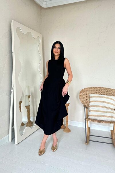 The Bold Brand فستان دوا جييم أسود من الكتان بطول متوسط مع أربطة على الجوانب