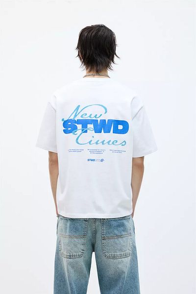 ACTIVE MODA تيشيرت رجالي بأكمام قاتمة Tsirt Stwd أزرق مطبوع كبير الحجم من نسيج القطن